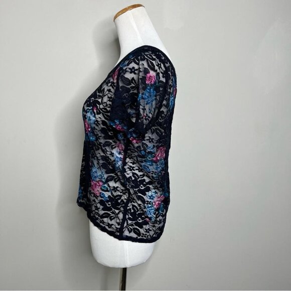 Garage Womens Size Medium Y2K Blue Floral Sheer Lace Baby Tee Back Buttons Shirt - Picture 5 of 11